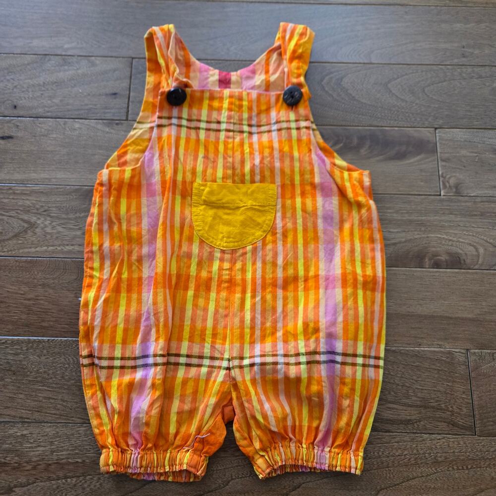 Barefoot Orange Plaid Overalls Cotton Handwoven Handmade Medium 24 Month